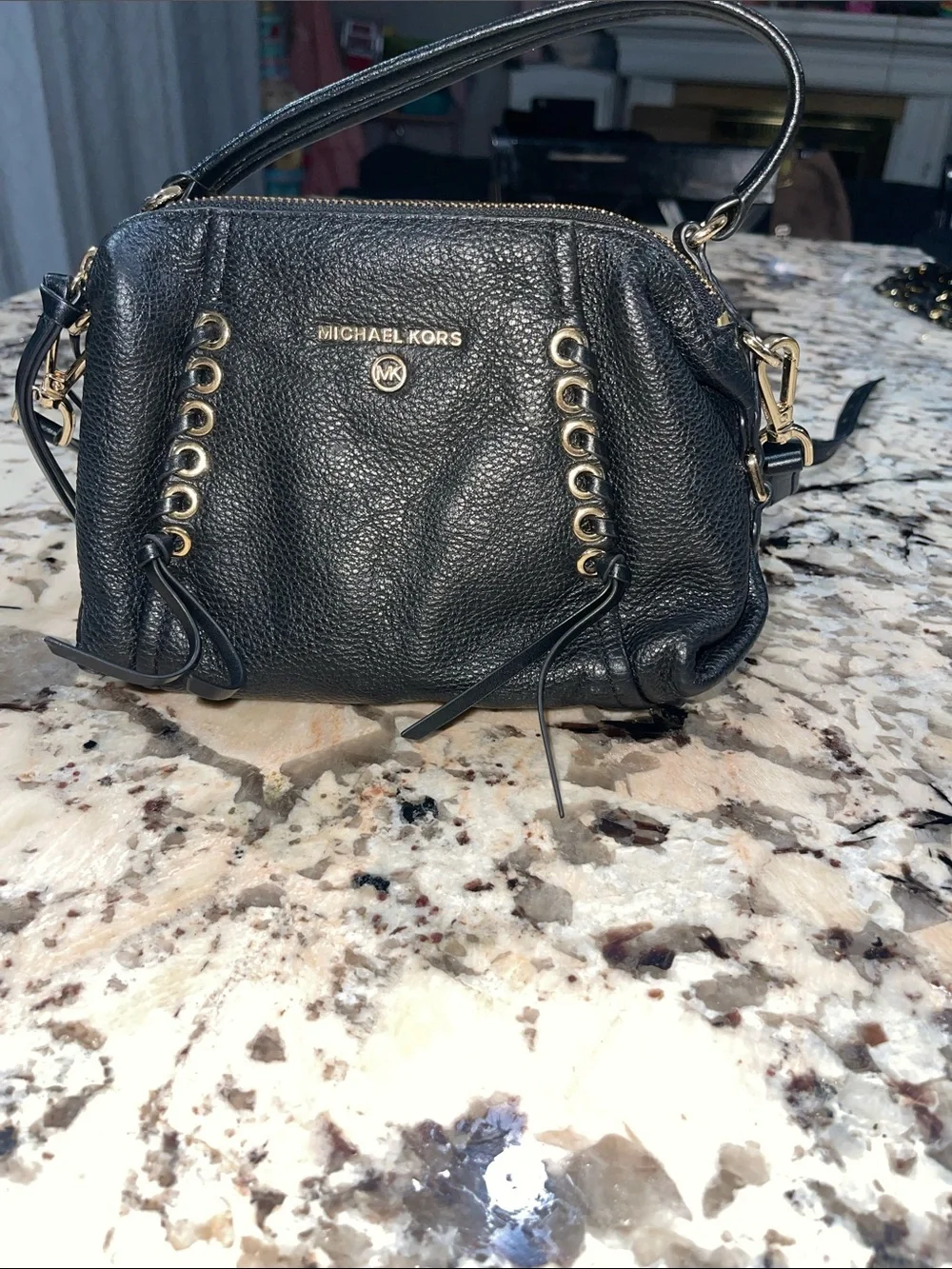 MICHAEL Michael Kors Black Leather Satchel with Gold Eyelet Accents